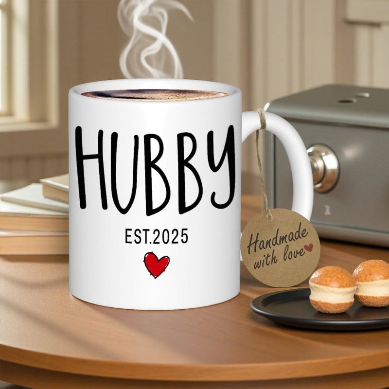 Tailorly White Ceramic 11 oz Mug - Hubby Est 2025 Simple Red Heart Symbol Floating Underneath Bold Hand Written Script Lettering Heart