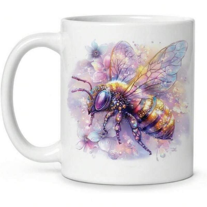 Tailorly White Ceramic 11 oz Mug - Artistic Watercolor Shimmering Wings With Golden Glow Among Delicate Purple Flowers Bee