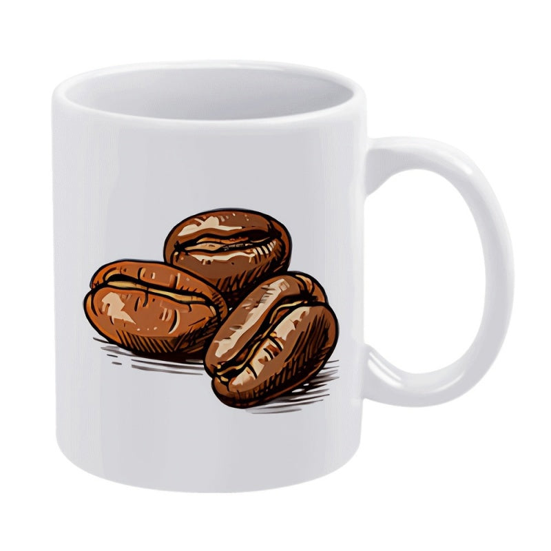 Tailorly White Ceramic 11 oz Mug - Detailed Vintage Style Roasted Brown Coffee Beans Group On Plain Background Coffee Bean