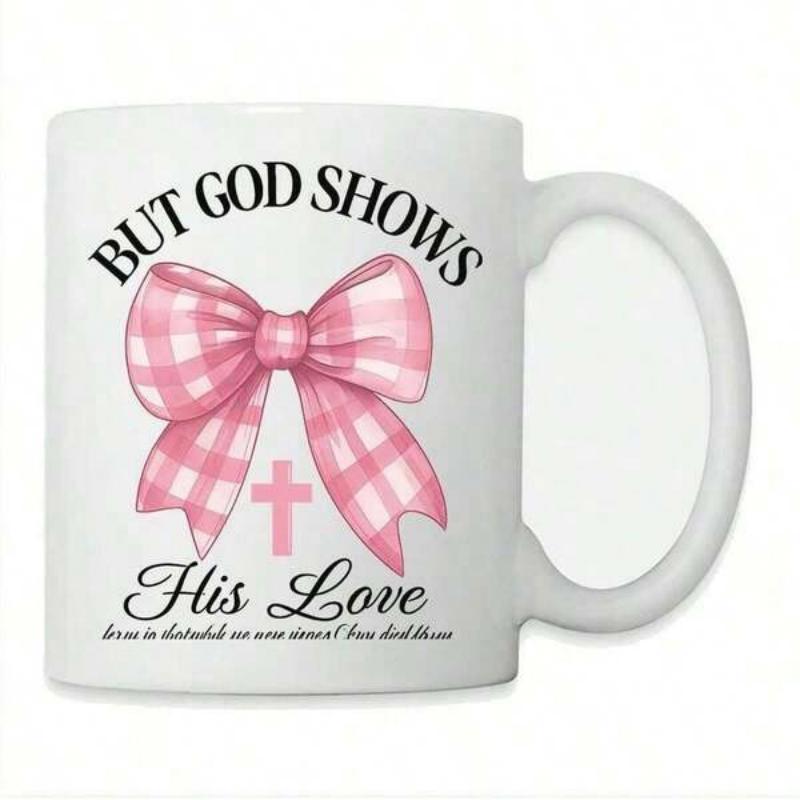 Tailorly White Ceramic 11 oz Mug - But God Shows His Love Pink Gingham Plaid Ribbon Featuring A Centered Religious Cross Motif Bow