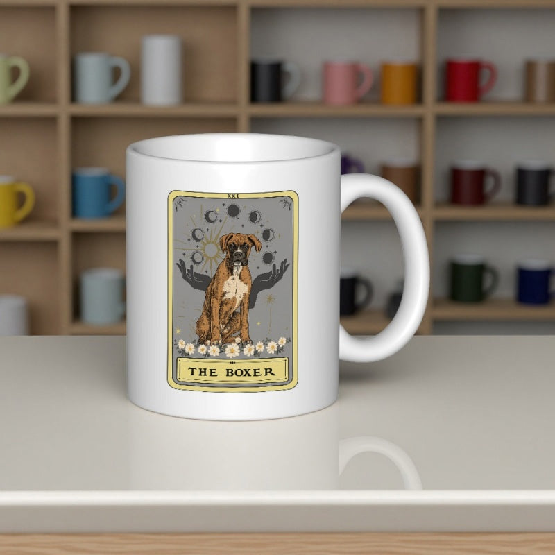 Tailorly White Ceramic 11 oz Mug - The Boxer Vintage Tarot Card Style Featuring Moon Phases And Delicate Flowers Boxer