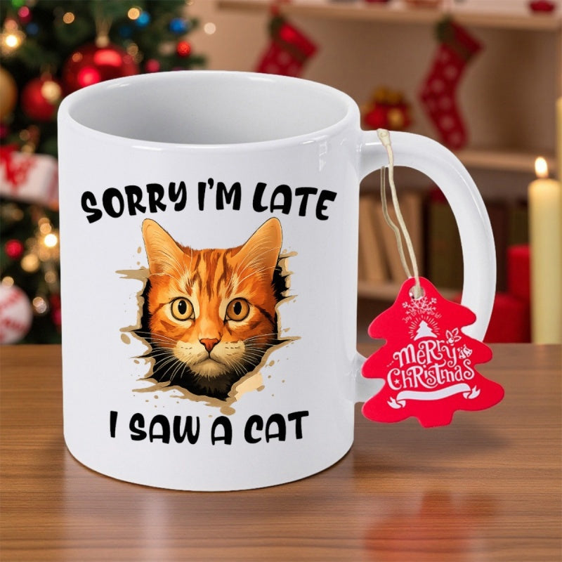 Tailorly White Ceramic 11 oz Mug - Sorry Im Late I Saw A Cat Vibrant Orange Tabby Peeking Through Torn Paper Aperture Cat