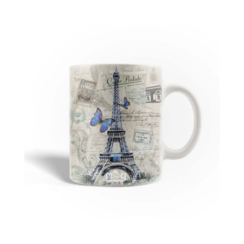 Tailorly White Ceramic 11 oz Mug - Vintage Artistic Illustration With Blue Butterflies Fluttering Around The Iconic Parisian Landmark Eiffel Tower