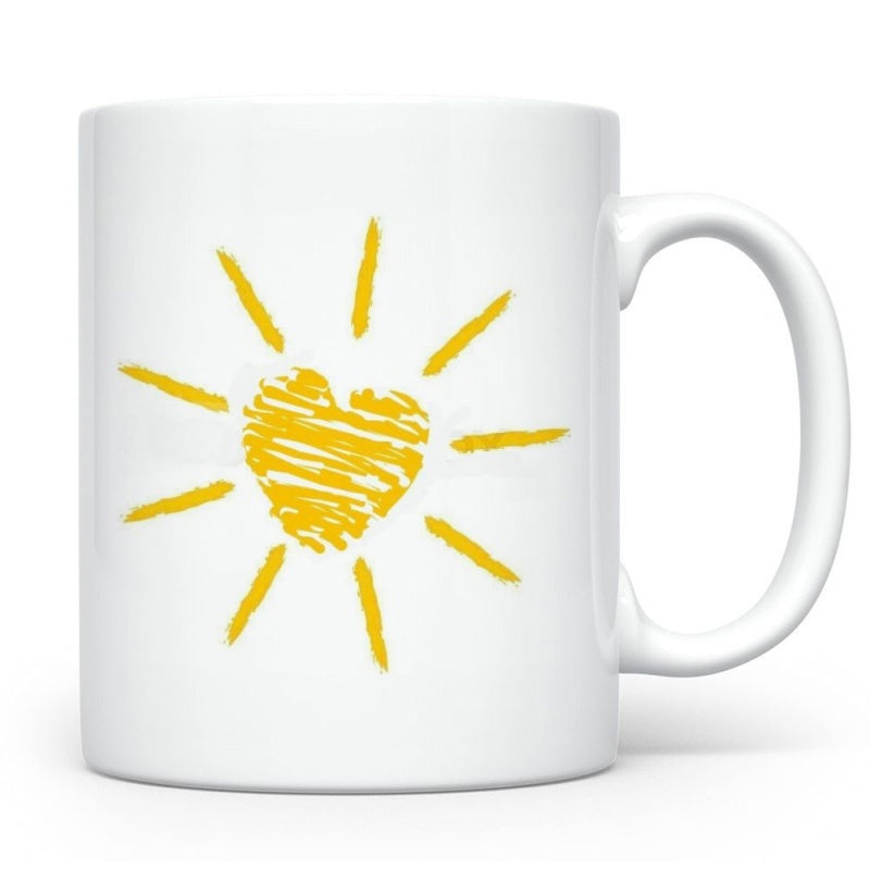 Tailorly White Ceramic 11 oz Mug - Hand Drawn Yellow Scribble Heart With Radiating Beams Minimalist Warm Sun