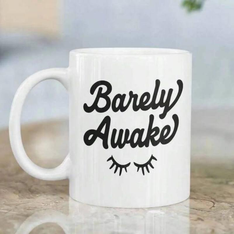 Tailorly White Ceramic 11 oz Mug - Barely Awake Minimalist Sleeping Eyes Design With Elegant Eyelashes And Artistic Script Eyelashes