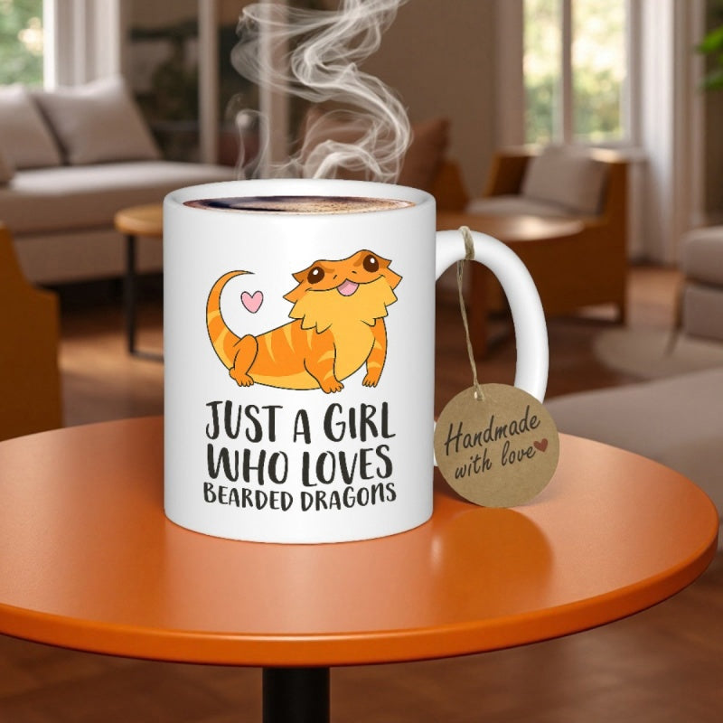Tailorly White Ceramic 11 oz Mug - Just A Girl Who Loves Bearded Dragons Cute Orange Smiling Lizard With Tiny Pink Heart Bearded Dragon