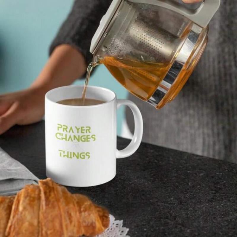 Tailorly White Ceramic 11 oz Mug - Prayer Changes Things Minimalist White Ceramic Kitchen Vessel With Simple Green Inspirational Lettering Mug