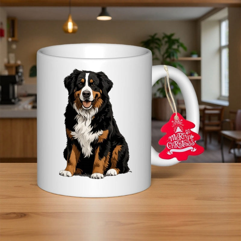 Tailorly White Ceramic 11 oz Mug - Merry Christmas Majestic Sitting Bernese Mountain Dog With Fluffy Tri Color Fur Dog