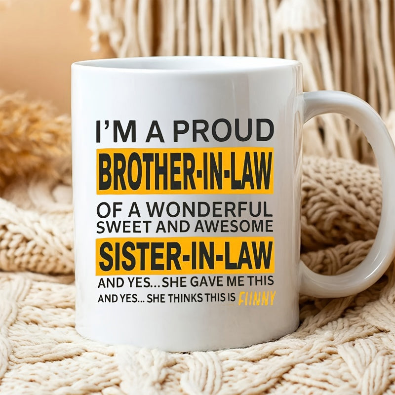 Tailorly White Ceramic 11 oz Mug - Im A Proud Brother In Law Sister In Law Minimalist Typography With Bright Yellow Bars On A Smooth Surface Mug