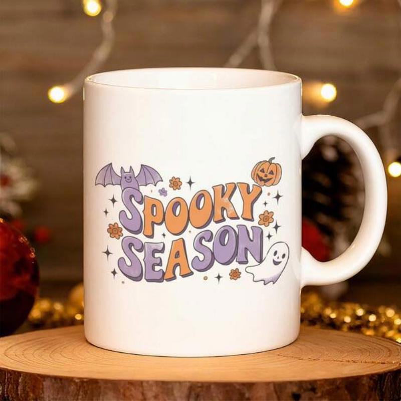 Tailorly White Ceramic 11 oz Mug - Spooky Season Vintage Retro Style Featuring Playful Bat Smiling Pumpkin And Cute Friendly Ghost