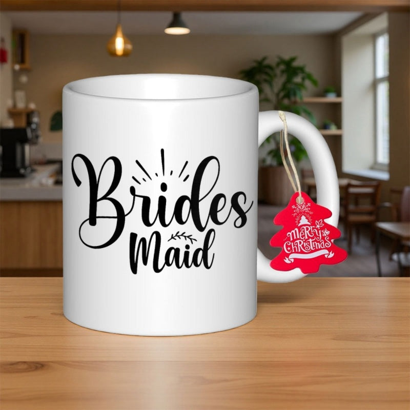 Tailorly White Ceramic 11 oz Mug - Brides Maid Elegant Black Script Lettering With Delicate Leaf Accents On