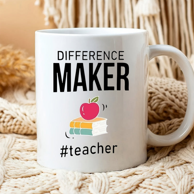 Tailorly White Ceramic 11 oz Mug - Difference Maker Teacher Stacked Colorful Books With A Tiny Red Apple On Top Mug