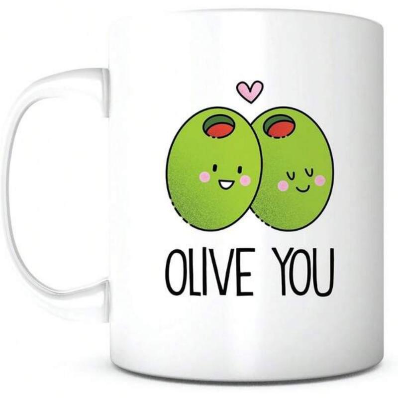 Tailorly White Ceramic 11 oz Mug - Olive You Two Adorable Green Cartoon Characters With A Tiny Pink Heart Olive