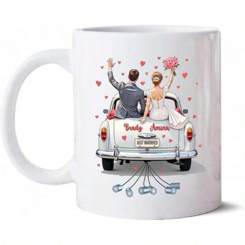 Tailorly White Ceramic 11 oz Mug - Just Married Newlyweds Sitting On A Vintage White Car Among Red Hearts Car