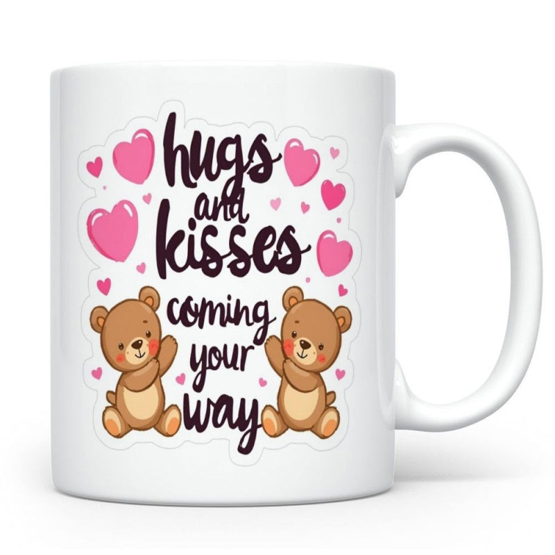 Tailorly White Ceramic 11 oz Mug - Hugs And Kisses Coming Your Way Charming Brown Teddy Bears Among Floating Pink Hearts Soft Loving Atmosphere Bear