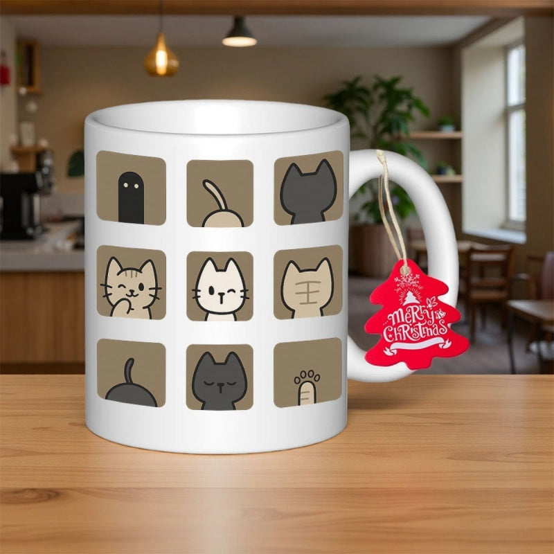 Tailorly White Ceramic 11 oz Mug - Merry Christmas Minimalist Cartoon Grid Featuring Various Cute And Playful Domestic Feline Cat