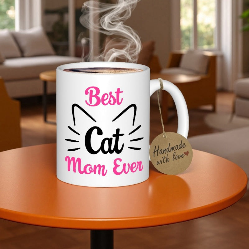 Tailorly White Ceramic 11 oz Mug - Best Cat Mom Ever Minimalist Outline With Whiskers And Decorative Pink Script Lettering Cat