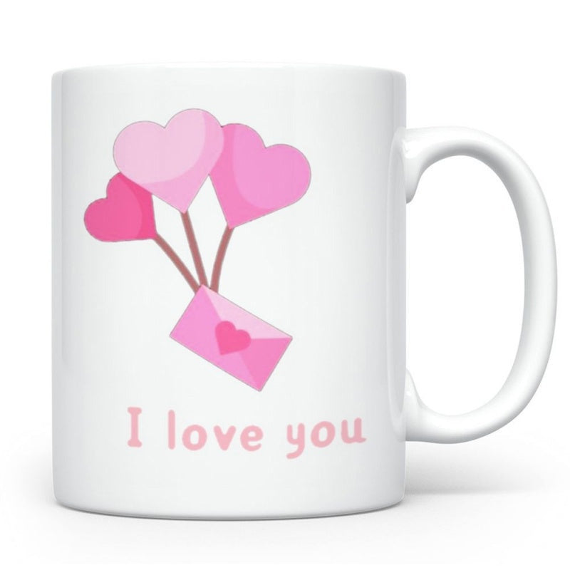 Tailorly White Ceramic 11 oz Mug - I Love You Three Pink Heart Balloons Floating With A Romantic Love Envelope