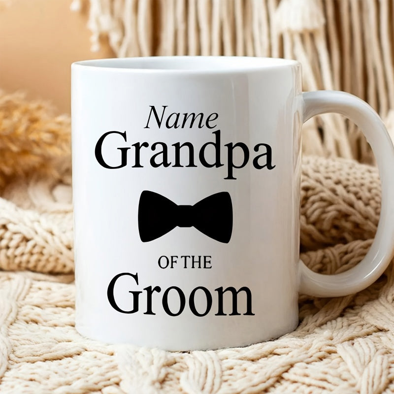 Tailorly White Ceramic 11 oz Mug - Name Grandpa Of The Groom Minimalist Black Silhouette Stylish Classic Formal Gentleman Bowtie