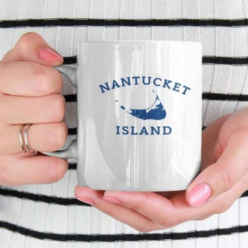 Tailorly White Ceramic 11 oz Mug - Nantucket Island Classic Coastal Map Silhouette Floating Within A Minimalist White Background Island