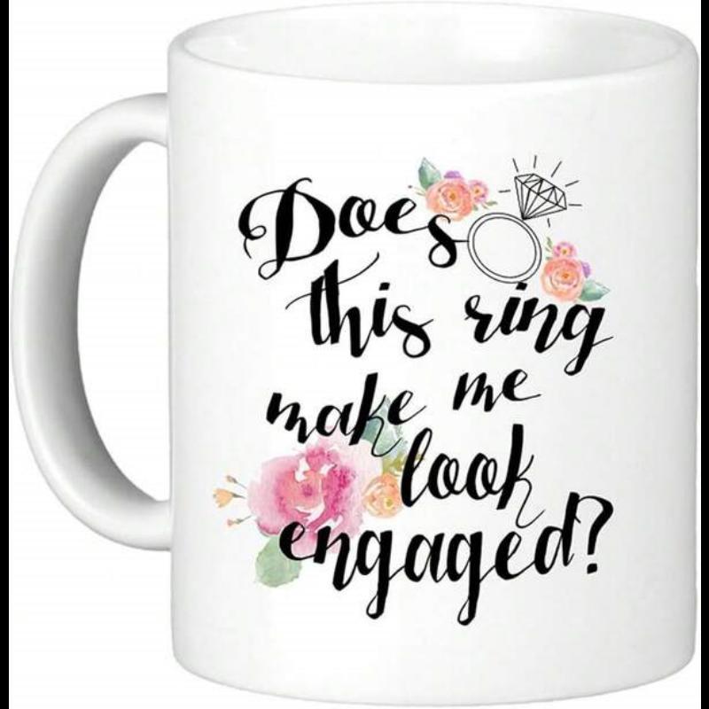 Tailorly White Ceramic 11 oz Mug - Does This Ring Make Me Look Engaged Delicate Watercolor Flowers With Elegant Diamond Line Drawing Ring