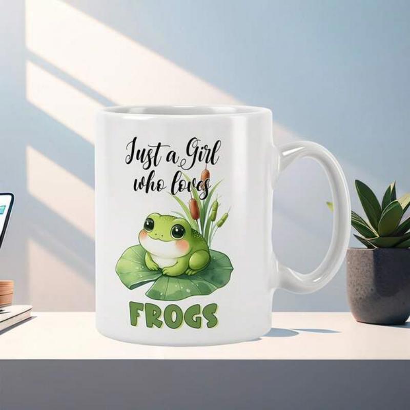 Tailorly White Ceramic 11 oz Mug - Just A Girl Who Loves Frogs Cute Green Cartoon Frog Sitting On Large Lily Pad Among Reeds Frog