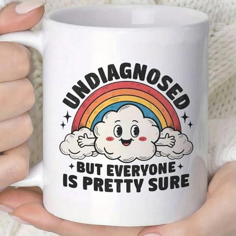 Tailorly White Ceramic 11 oz Mug - Undiagnosed But Everyone Is Pretty Sure Happy Cartoon Rainbow With Smiling Faces Floating Among Small Sparkling Stars Cloud