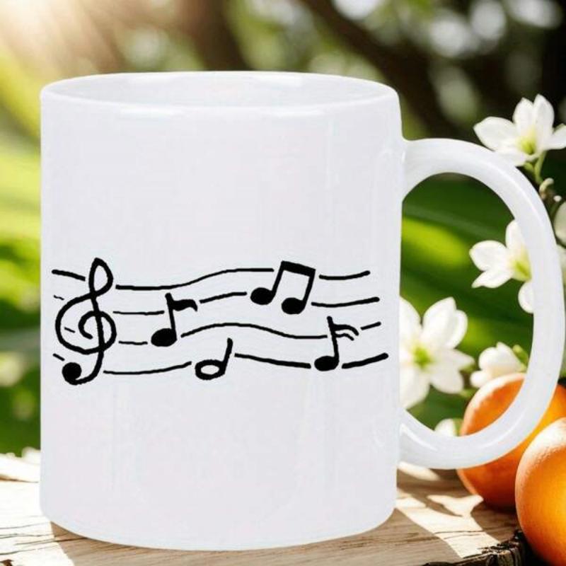 Tailorly White Ceramic 11 oz Mug - Flowing Rhythmic Symbols Dancing Along A Linear Staff Of Melodic Music Notes