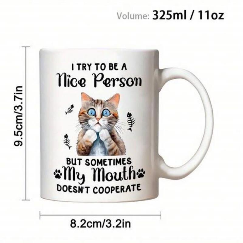 Tailorly White Ceramic 11 oz Mug - I Try To Be A Nice Person But Sometimes My Mouth Doesnt Cooperate Adorable Brown Tabby Cat With Bright Blue Eyes And Fish Bones