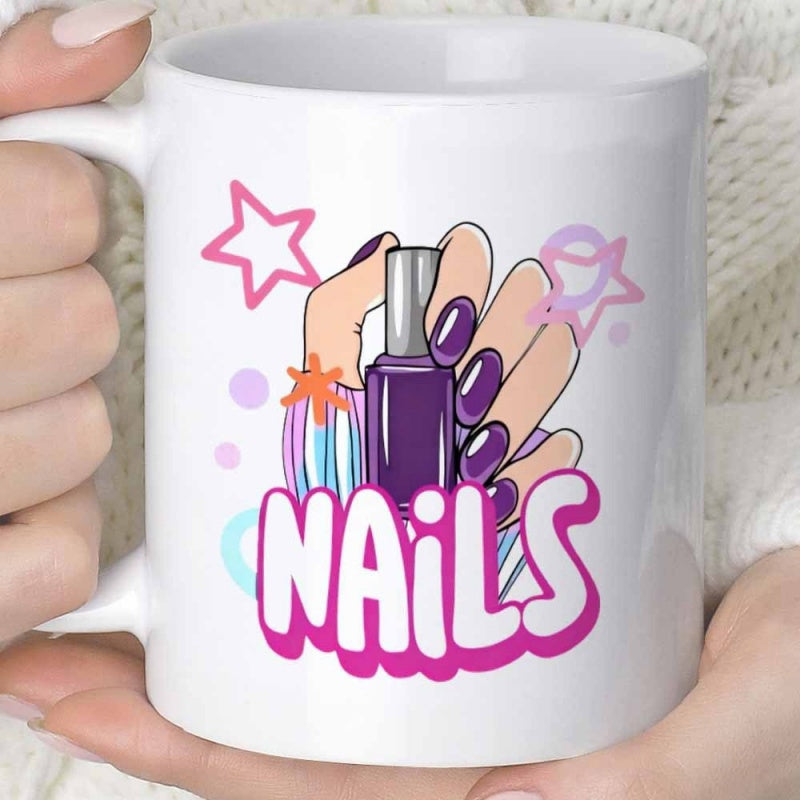 Tailorly White Ceramic 11 oz Mug - Nails Holding Purple Polish Bottle With Decorative Stars And Bubbly Pink Text Hand
