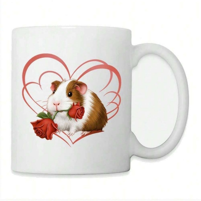 Tailorly White Ceramic 11 oz Mug - Charming Little Pet Holding Red Roses Within A Heart Frame Guinea Pig