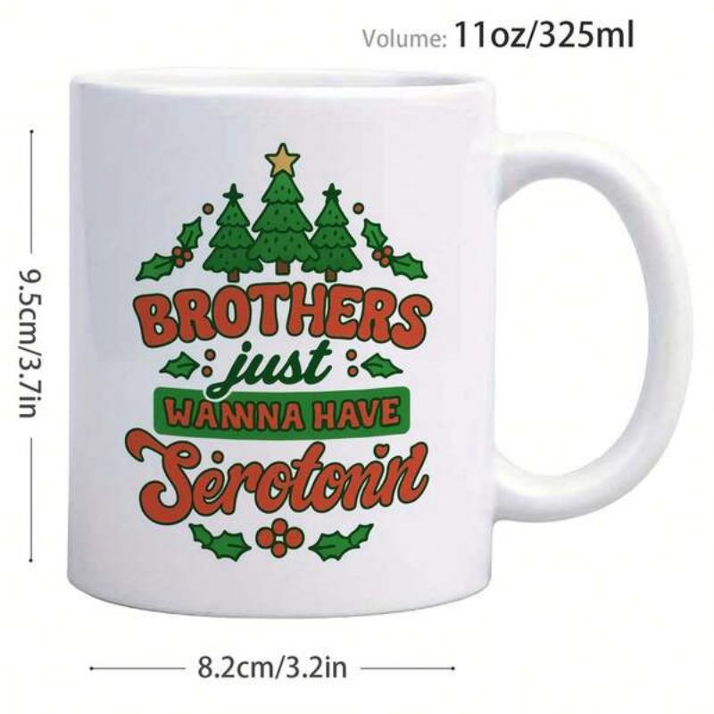 Tailorly White Ceramic 11 oz Mug - Brothers Just Wanna Have Serotonin Three Festive Trees With Golden Star Surrounded By Holly Leaves Evergreen