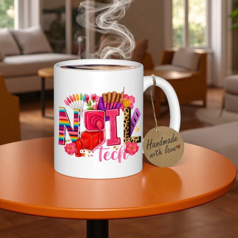 Tailorly White Ceramic 11 oz Mug - Nail Tech Vibrant Colorful Design Featuring Floral Accents And Professional Manicure Tools Nail Polish