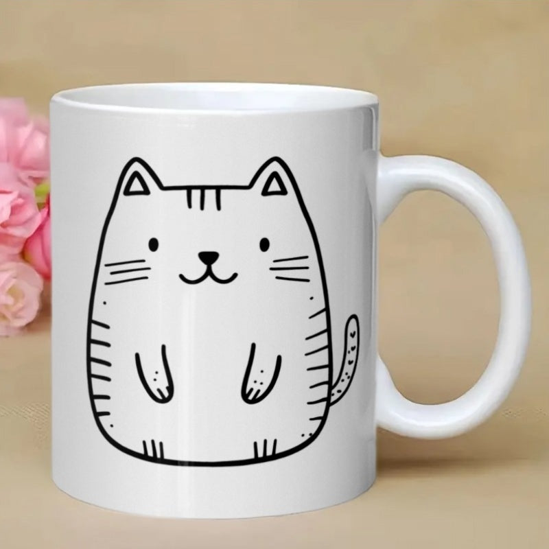 Tailorly White Ceramic 11 oz Mug - Minimalist Black Line Drawing Of A Smiling Chubby Cartoon Striped Cat