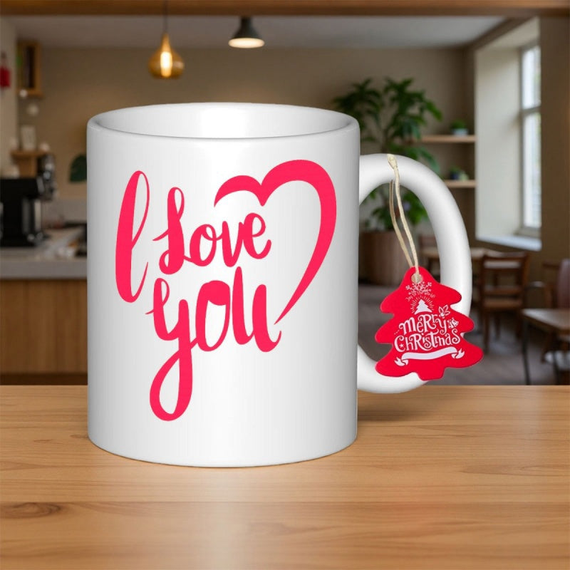 Tailorly White Ceramic 11 oz Mug - I Love You Artistic Pink Brush Strokes Forming A Large Flowing Open Decorative Heart