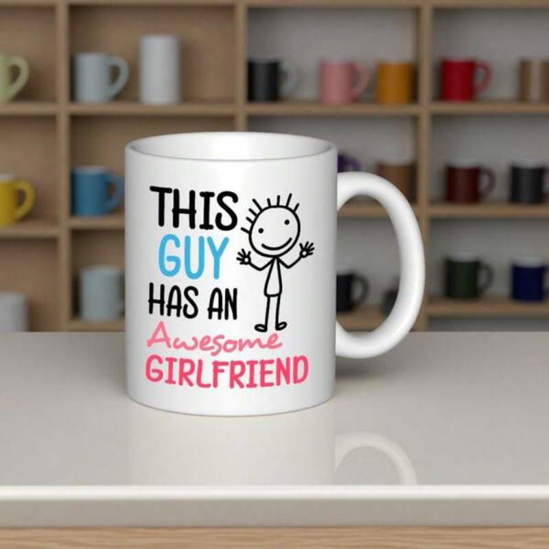 Tailorly White Ceramic 11 oz Mug - This Guy Has An Awesome Girlfriend Minimalist Hand Drawn Smiling Stick Figure With Spiky Hair And Raised Hands Mug