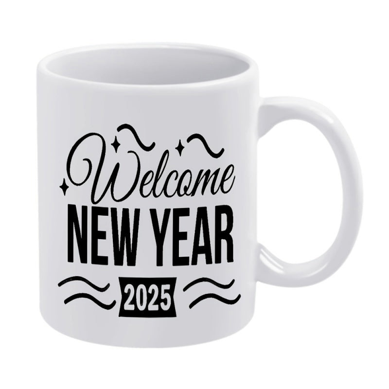 Tailorly White Ceramic 11 oz Mug - Welcome New Year 2025 Festive Minimalist Typography With Decorative Sparkling Stars And Wavy Lines Mug