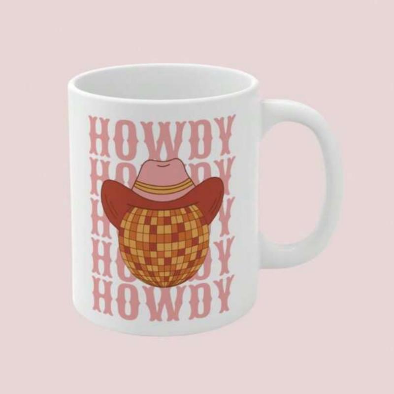 Tailorly White Ceramic 11 oz Mug - Howdy Pink Western Cowboy Hat Resting On Golden Shimmering Disco Ball