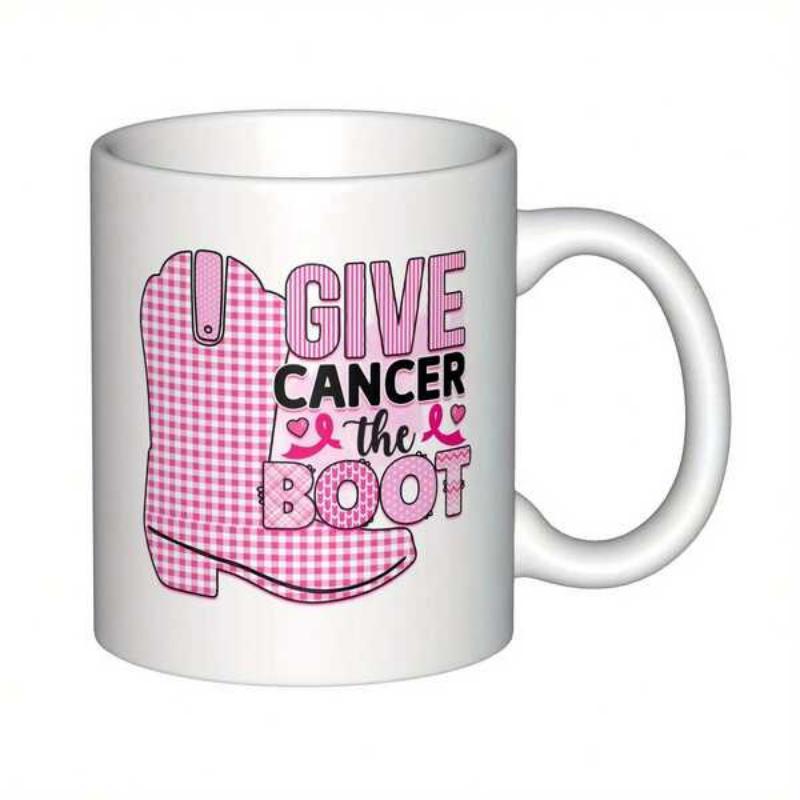 Tailorly White Ceramic 11 oz Mug - I Give Cancer The Boot Pink Checkered Western Style Cowboy Footwear Decorated With Awareness Ribbons Boot
