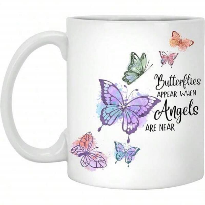 Tailorly White Ceramic 11 oz Mug - Butterflies Appear When Angels Are Near Delicate Watercolor Winged Creatures Fluttering In Ethereal Motion Butterfly