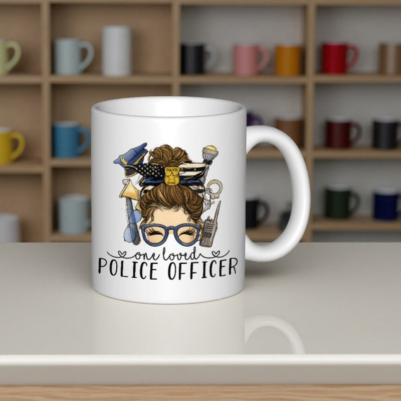 Tailorly White Ceramic 11 oz Mug - One Loved Police Officer With Messy Bun Hair Glasses Handcuffs And Radio Symbols Officer