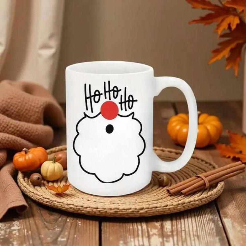 Tailorly White Ceramic 11 oz Mug - Ho Ho Ho Minimalist Whimsical Santa Beard Featuring A Bright Red Round Nose Santa