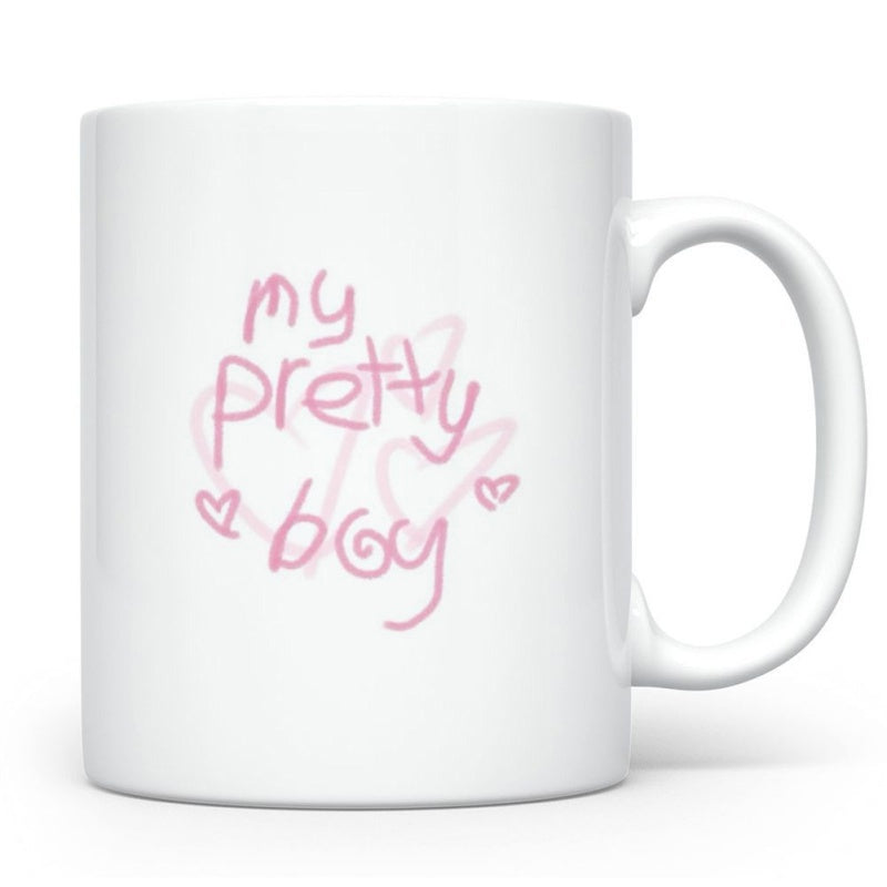 Tailorly White Ceramic 11 oz Mug - My Pretty Boy Delicate Pink Hand Drawn Script Surrounded By Soft Whimsical Outlined Heart