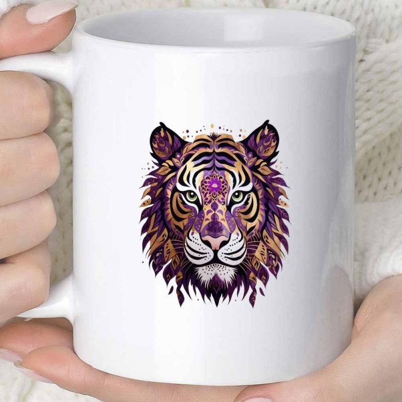 Tailorly White Ceramic 11 oz Mug - Majestic Purple Tribal Style Mandala Pattern Featuring Intricate Details Ferocious Tiger