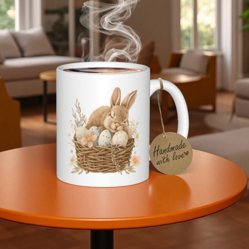 Tailorly White Ceramic 11 oz Mug - Handmade With Love Cute Brown Rabbit Resting Inside Woven Basket With Decorative Easter Eggs Rabbit