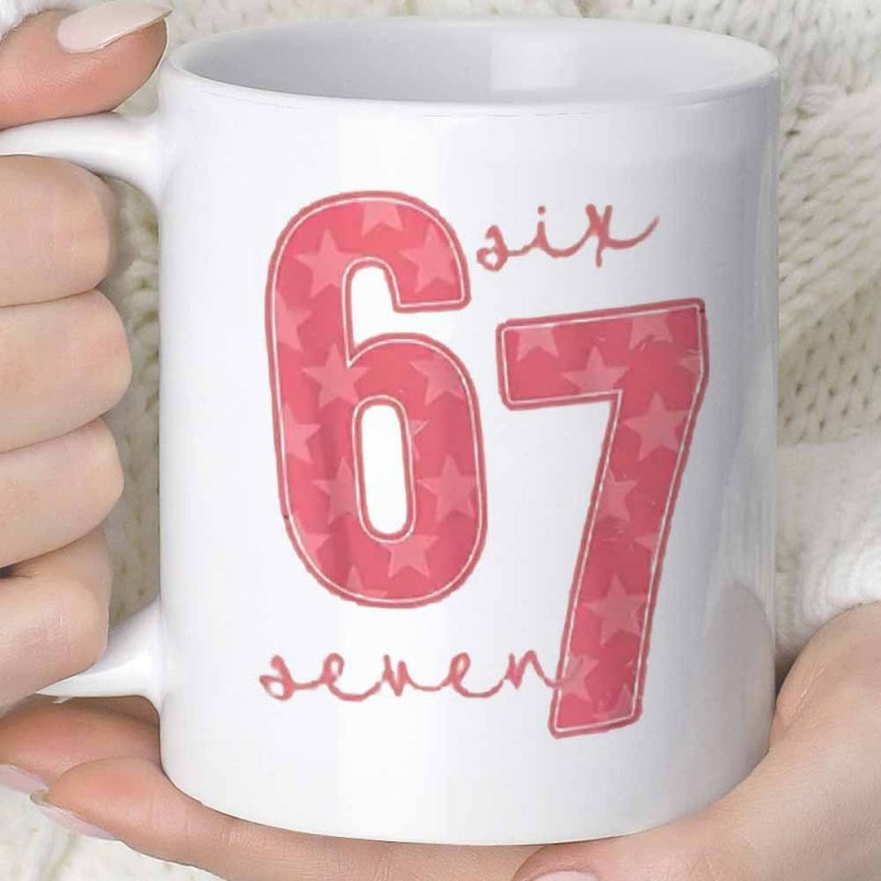 Tailorly White Ceramic 11 oz Mug - Six Seven Elegant Large Pink Numerals Featuring Delicate Interior Star Texture Number