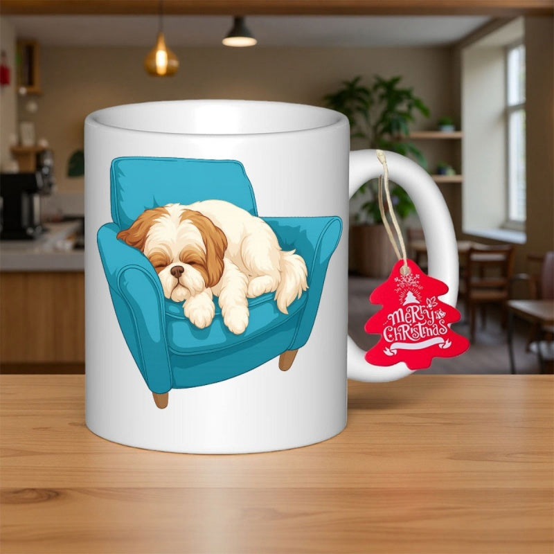 Tailorly White Ceramic 11 oz Mug - Merry Christmas Fluffy Shih Tzu Resting On A Comfortable Blue Plush Decorative Armchair Dog
