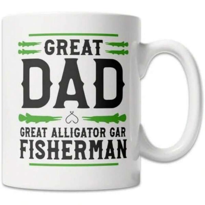 Tailorly White Ceramic 11 oz Mug - Great Dad Great Alligator Gar Fisherman Green Aquatic Silhouettes Floating Between Decorative Horizontal Lines And Bold