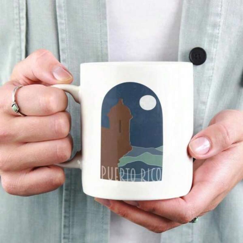Tailorly White Ceramic 11 oz Mug - Puerto Rico Minimalist Night Scene Featuring Coastal Fortress Under Full Moon And Waves Landmark