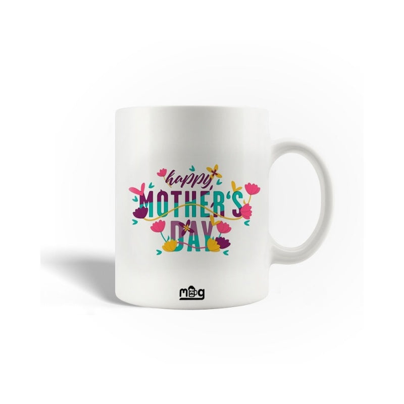 Tailorly White Ceramic 11 oz Mug - Happy Mothers Day Colorful Flowers And Decorative Hearts Surrounding Central Festive Greeting Mug